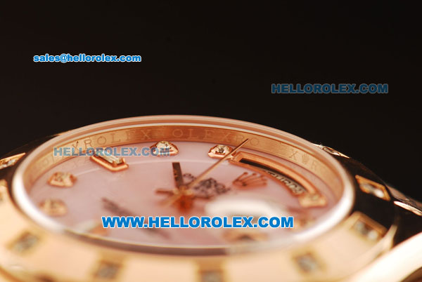 Rolex Day-Date Swiss ETA 2836 Automatic Rose Gold Case with Diamond Bezel and Pink MOP Dial Diamond Markers -Rose Gold Strap - Click Image to Close